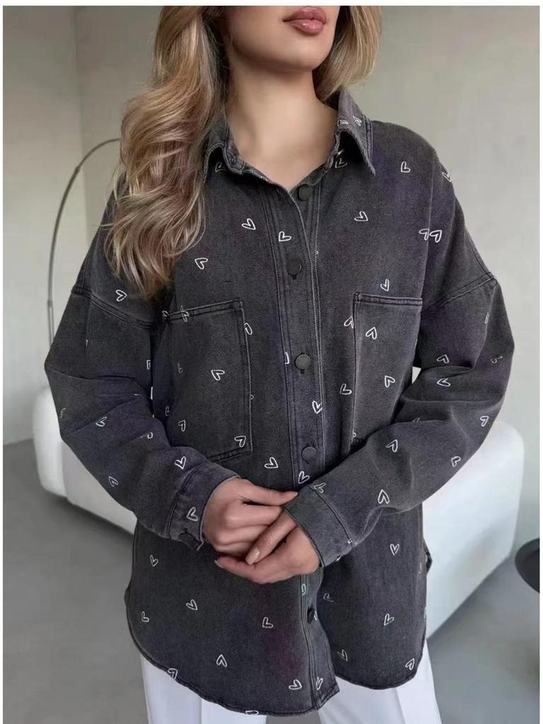 2025 European & American Style Plus Size Women's Retro Heart Print Denim Shirt Jacket