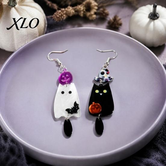 Charming Holiday Gift for Her 1 Pair Acrylic Halloween Earrings, Black White Ghost Drop Dangle Earrings with Women Witch Hat Bat Pumpkin, Gothic