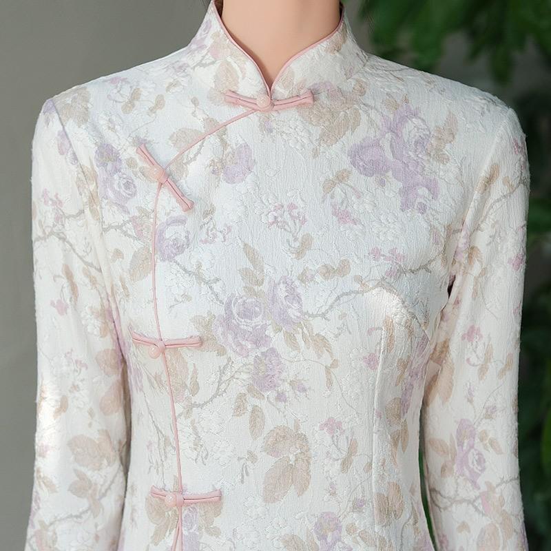 Thick Knit Style Long Sleeve Dress Women Vintage Chinese-Inspired Semi-High Neck Midi Winter