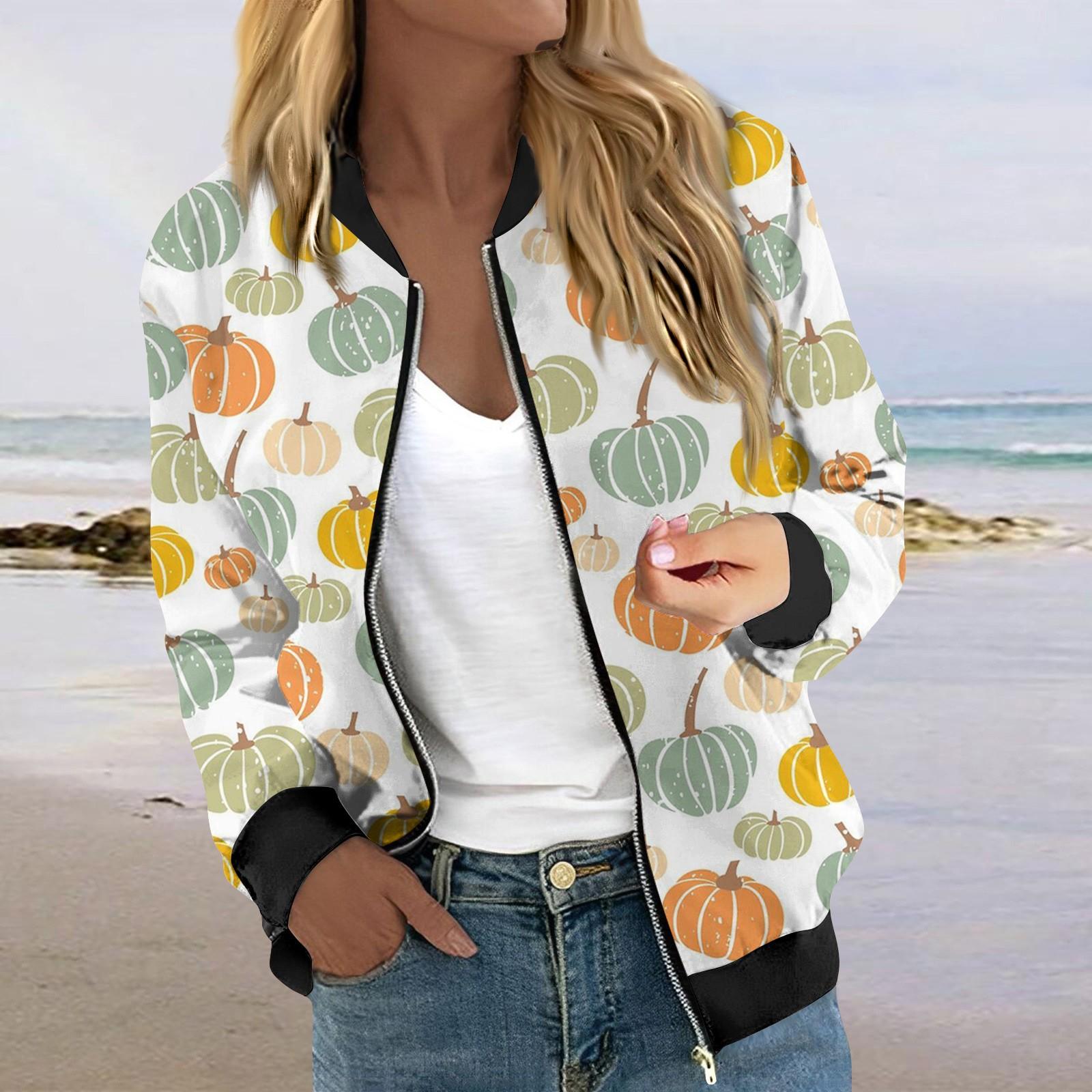 

Куртки для женщин с длинным рукавом, легкие, на молнии, укороченные, с принтом на Хэллоуин, верхняя одежда, повседневные стеганые куртки с карманами XXL