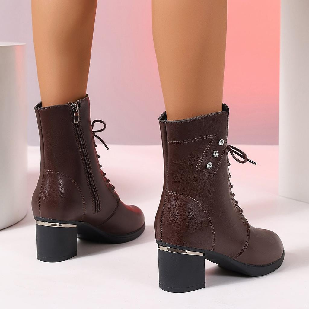 Autumn and winter new thick heel medium heel Martin boots women's British style fashion large size side zipper medium tube women's boots