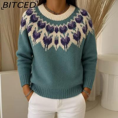 Sweter damski - Okrągły dekolt, blok kolorów, oversize, modny sweter dzianinowy