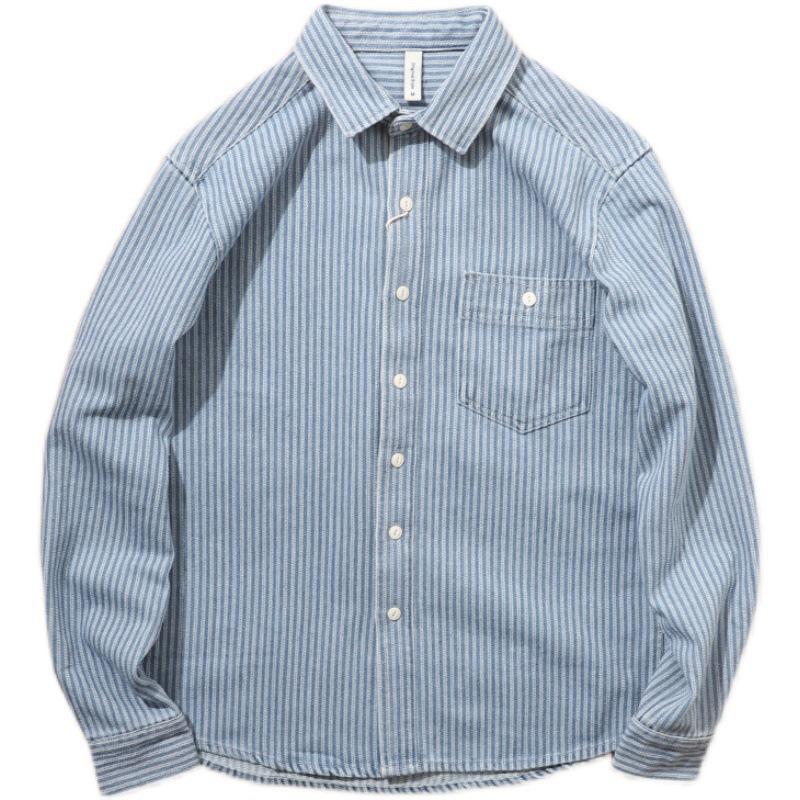 Men's American Retro Stripe Denim Shirt - Trendy Long Sleeve Jacket for Spring & Autumn