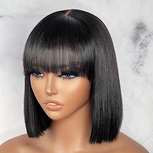 Natural Color Short Hair Mechanism Bangs Bob Wig Black 3*1 Silk Base Lace Wig Women's Straight Bangs