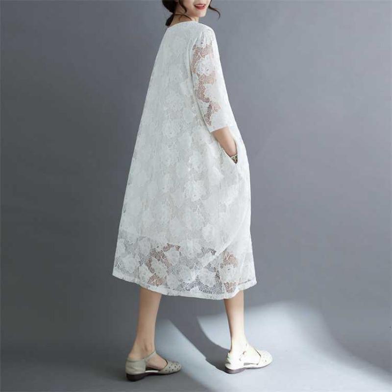 Summer Ethnic Style Lace Vintage Loose Dress Women Print Solid Color Round Neck Patchwork Pocket Long Sleeved Casual Versatile Dresses
