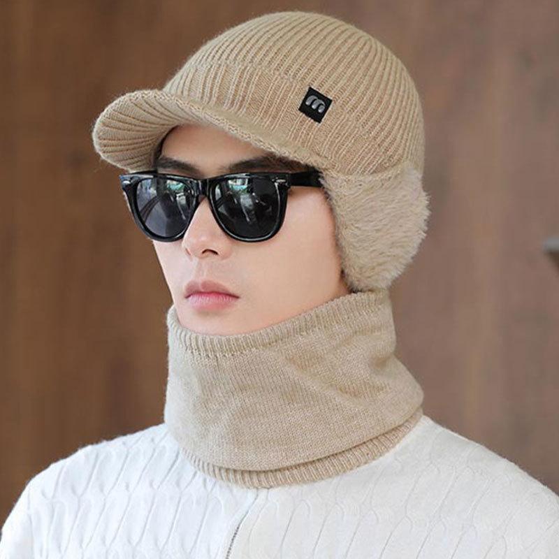 Hat Men's Winter Velvet Thickened Ear Protection Knitted Hat Outdoor Cycling Warm Cold Hat Cold and Windproof Neck Scarf Suit