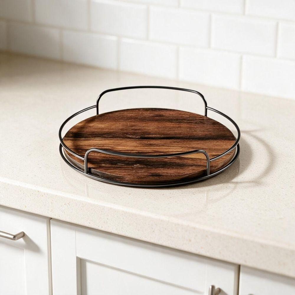 2 Piece Metal Guard Rail Wooden Rotating Tray Round Bathroom Storage Tray Cabinets