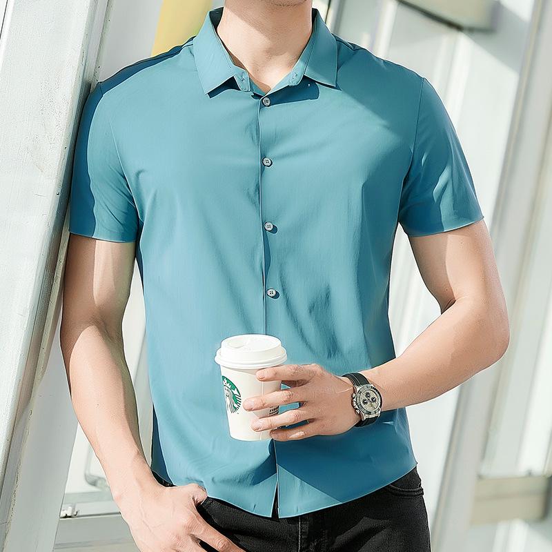Ice Silk Seamless Men's Loose Short Sleeve Shirt Jacket - Versatile, Plus Size, Middle-Aged Business Casual Spring/Summer 2022