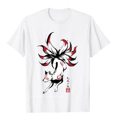 Kyubi No Kitsune Sumi-E T-Shirt Amaterasu Okami Wolf Japanisches T-Shirt für Herren Premium Baumwolle Herren Tops & Tees Neuartige T-Shirts