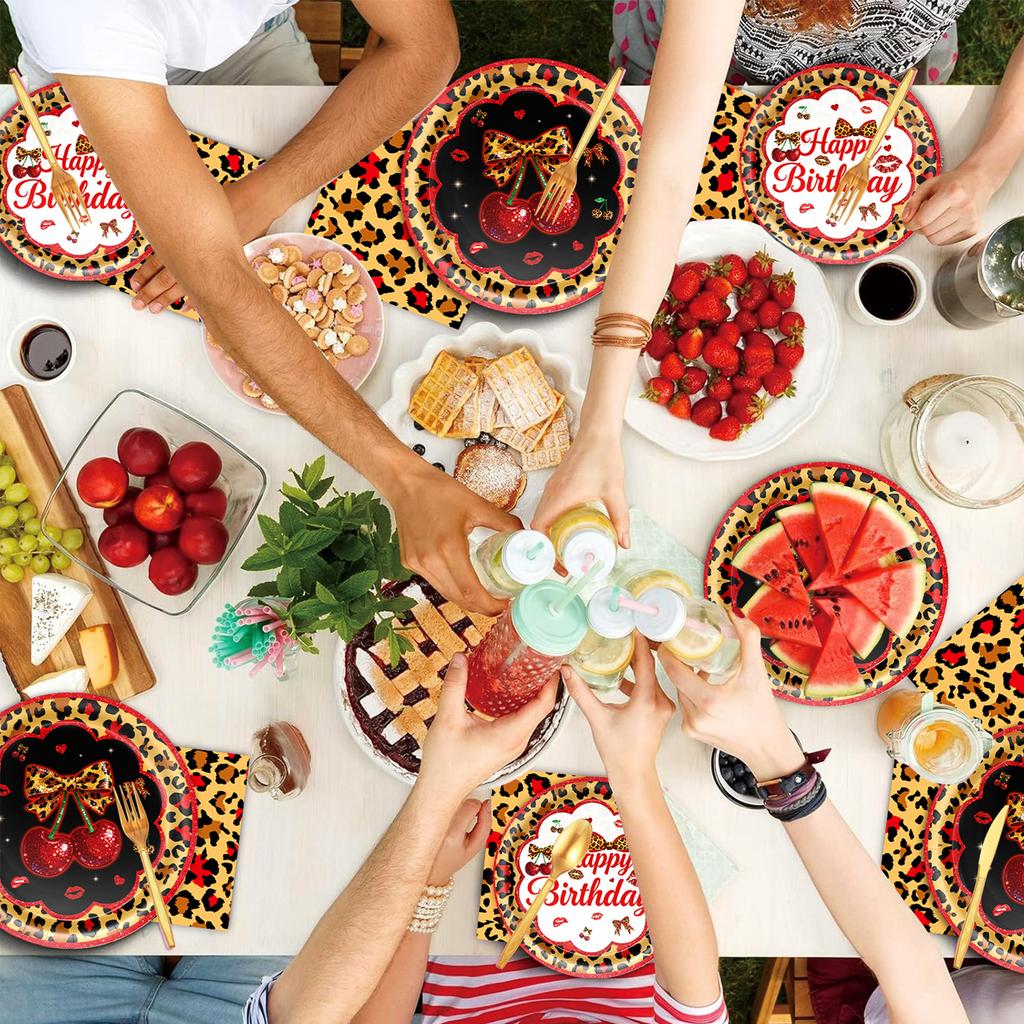 Pink Cherry Leopard Theme Birthday Party Decoration Plate Cup Balloon Banner Sexy Women Girls Shiny Photography Background Gifts