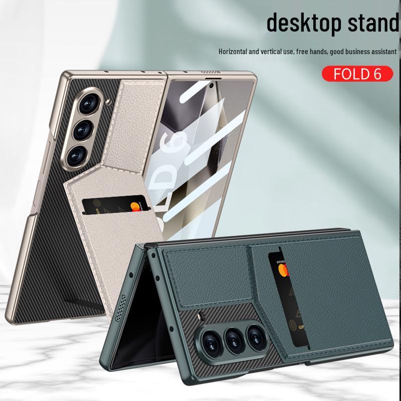 Samsung Z Fold 6 Card Holder Stand Case - Premium Leather with Film Integrated Protection