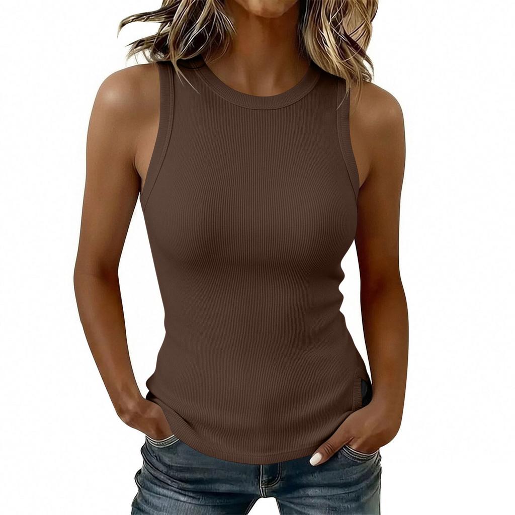 Women Sleeveless Tank Top Slim Fit Ribbed Knit Round Neck Split Hem Casual Summer Shirt
