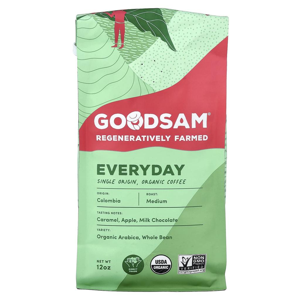 GoodSam PBC, Single Origin Organic Coffee, Everyday, Whole Bean, Medium Roast, 12oz