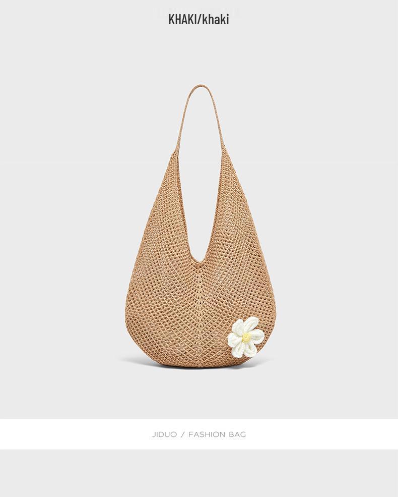 Large Capacity Floral Knitted Beach Tote - Stylish Woven Shoulder Bag for Women