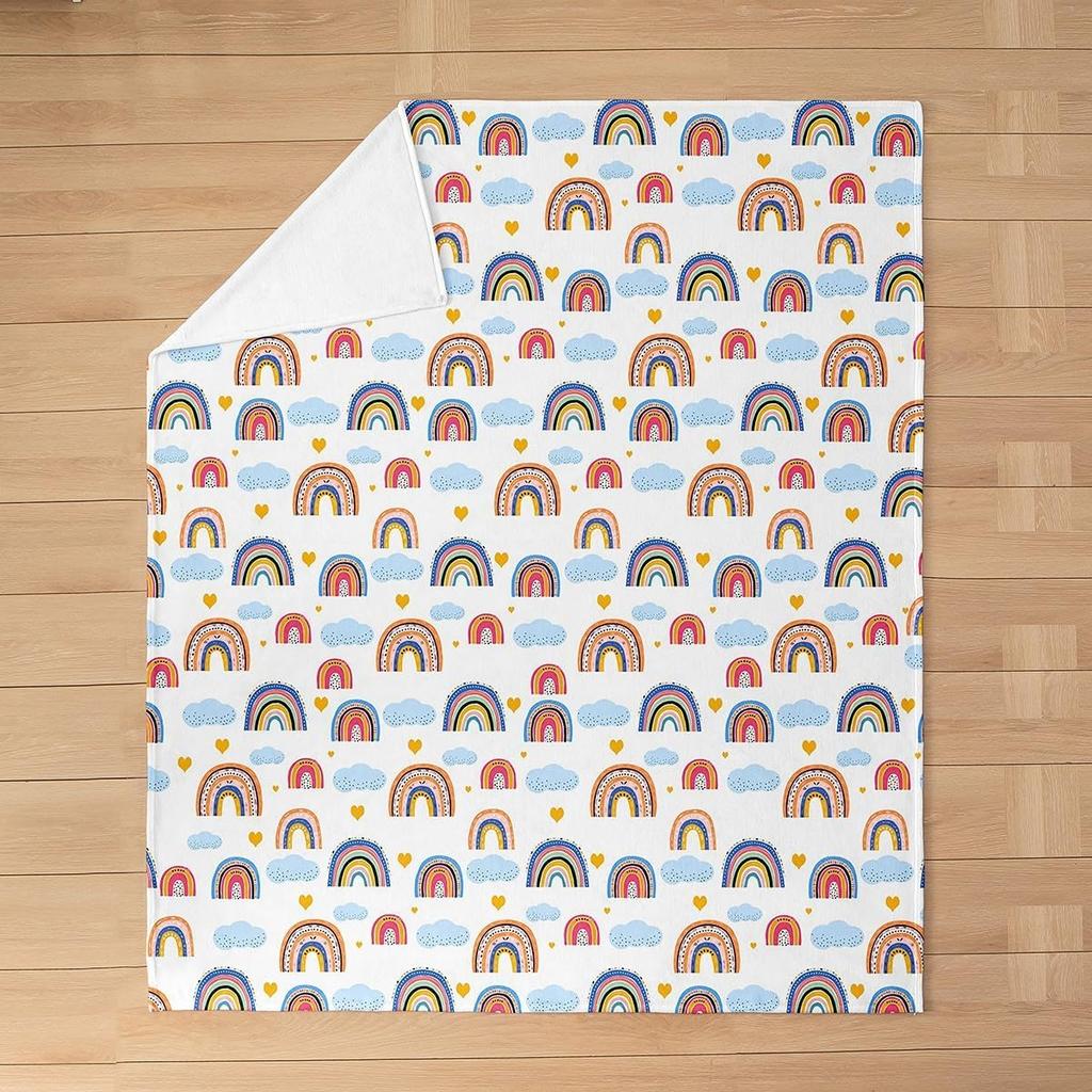 Pretty Rainbow Fleece Throw Blanket Cute Cloud and Love Hearts Flannel Blanket Plush Fuzzy Colorful Stripes for Bed Cou