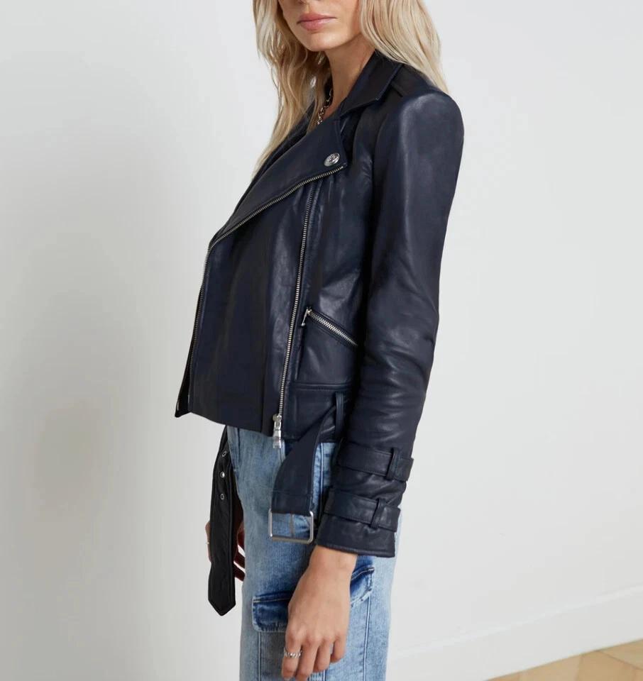 Stylish Navy Blue Women's Jacket Biker Real Lambskin Leather Motorcycle Style