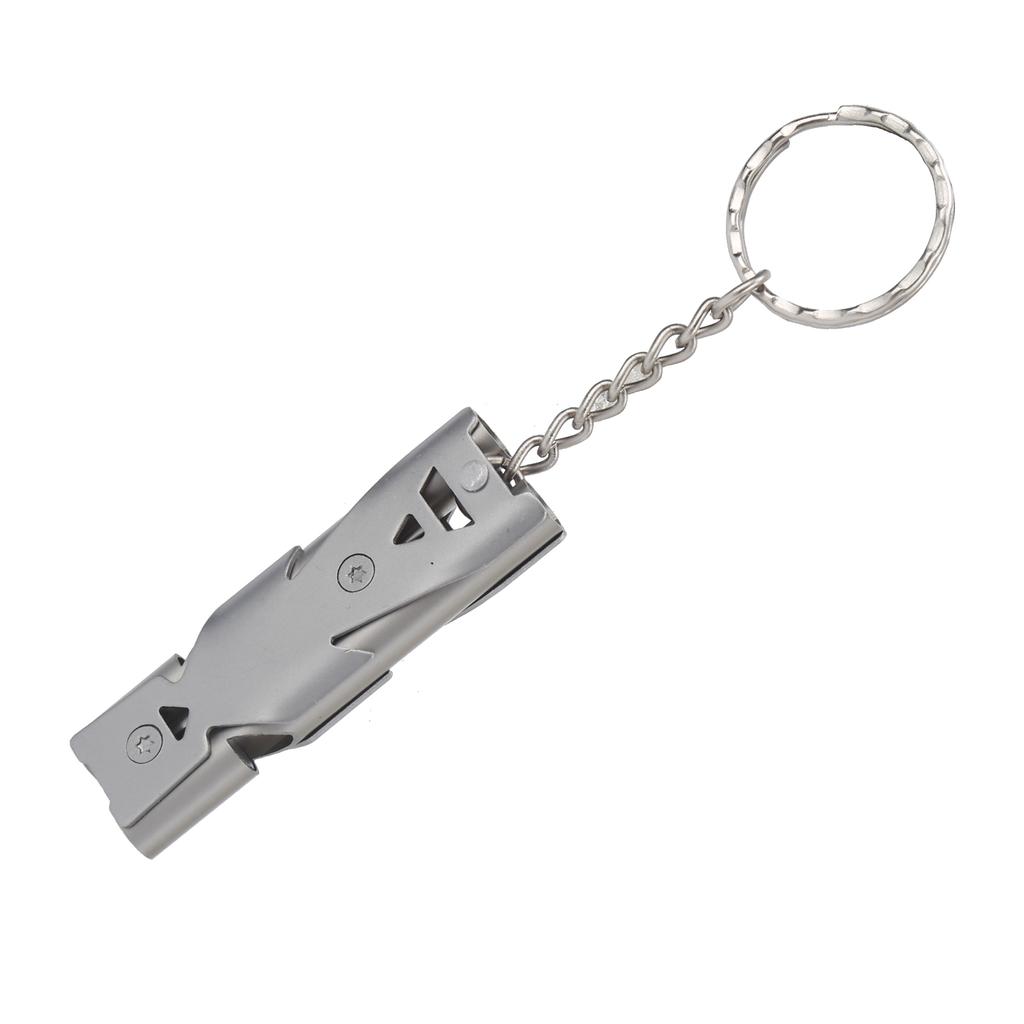 Outdoor Survival Pfeife mit Schlüsselanhänger Edelstahl Doppelrohre Sicherheitspfeife Grau