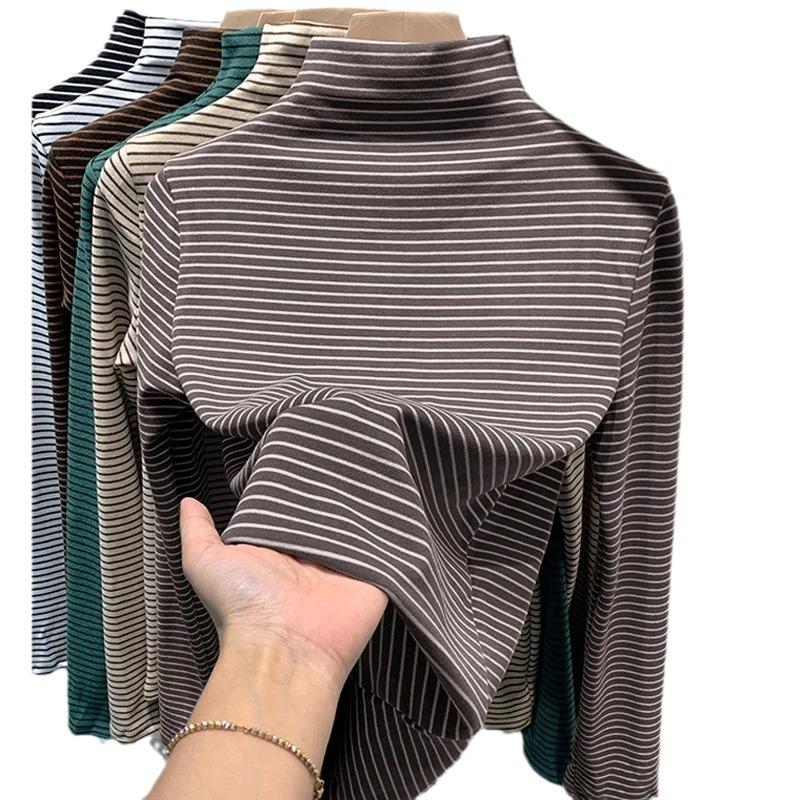 Bottom Shirt New Women's Autumn and Winter Long-sleeved Semi-turtleneck Double-sided German Velvet Thermal Top Fashionable Striped Interior Trendy