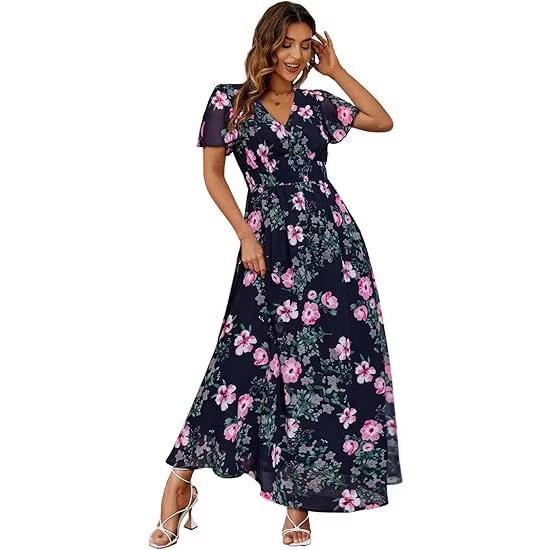 European and American Women's Clothing New V-neck Printed Dress Temperament Elegant Casual Waist Dress