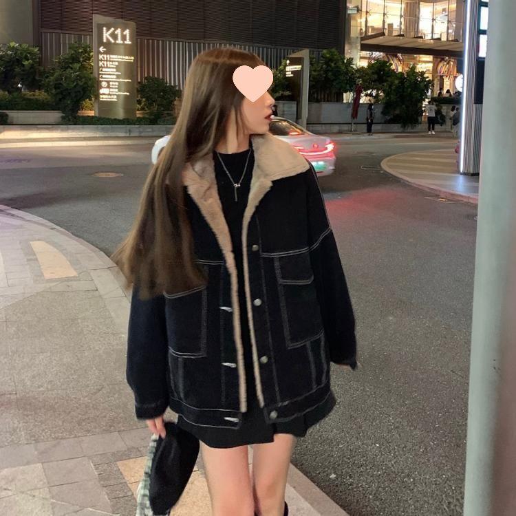 Women's Fleece-Lined Denim Jacket - 2025 Autumn/Winter Korean Casual Workwear, Cotton-Padded, Hong Kong Style, Versatile and Loose Fit