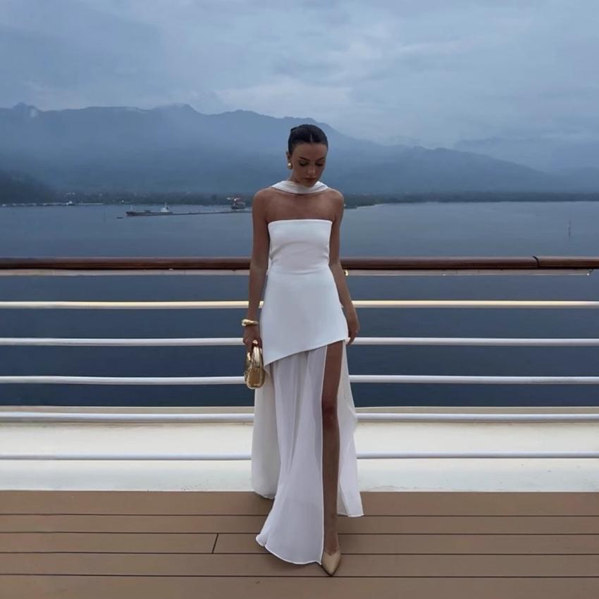 LYRIA Fashion Strapless Dress With Ribbon Female Elegant Solid Sleeveless Mesh Beach Vacation Long Dress Spring New Women Dress