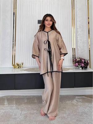 2025 Summer Women's Casual Fashion Set with Tie Design - Solid Color, European & American Style, Muslim-Friendly