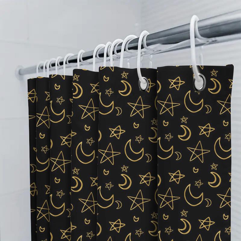 Charming Bathroom Decor: Moon Stars Crescent Moon Print Shower Curtain with Rod Pocket for Home Decoration Black and Gold Floral