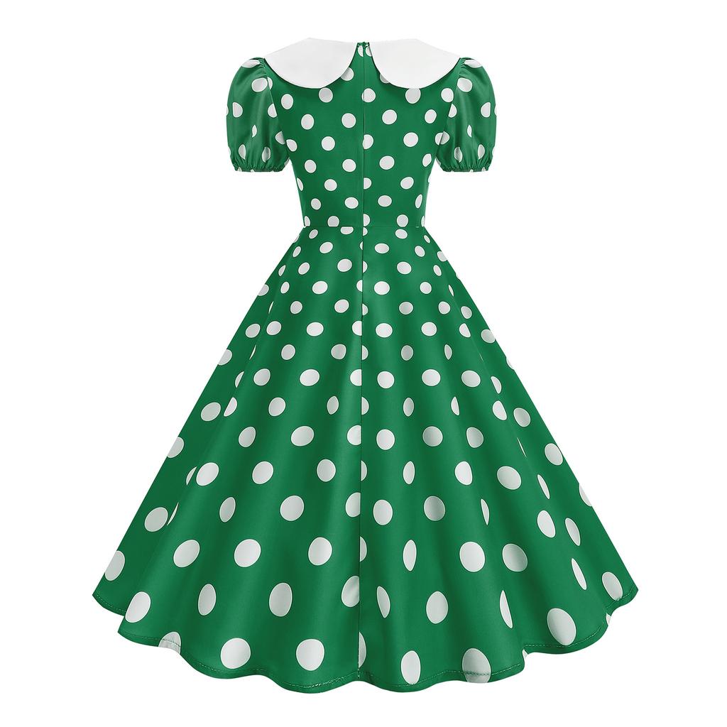 Women's Casual Polka Dot Dress with Collar and Puff Sleeves Slim Fit