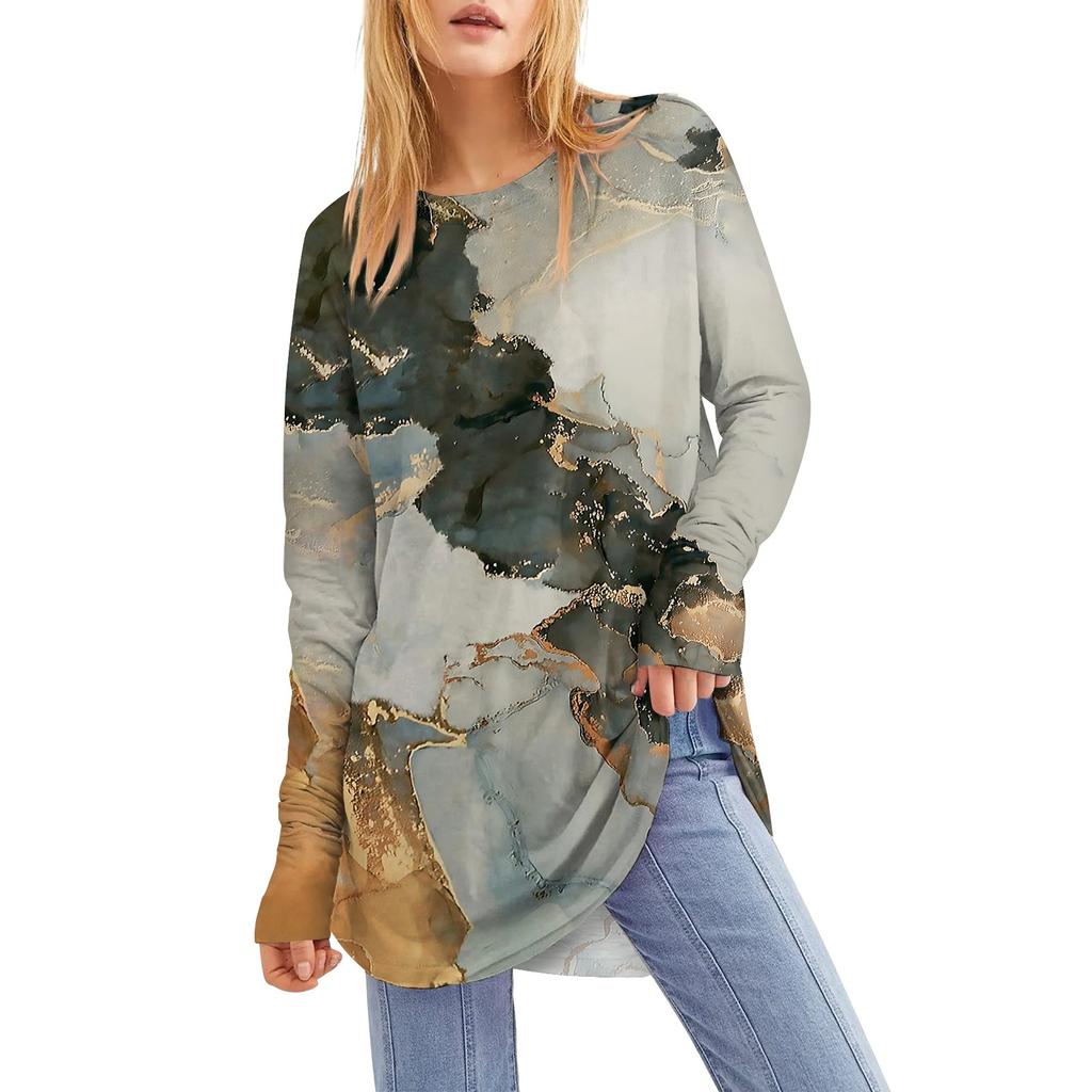 Damen T-Shirt mit Rundhalsausschnitt, bedruckt, langärmelig, mittellang, undichte Daumen