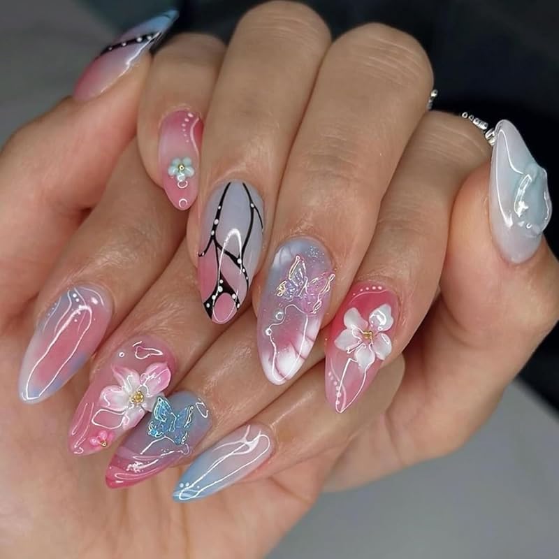 30 Pcs Orange Press on Nails Short Almond, YIHONGYAN Spring Reusable Fake Nails with 3D Flowers Gilded Design Acrylic Nail Kit Glue on Nails Full