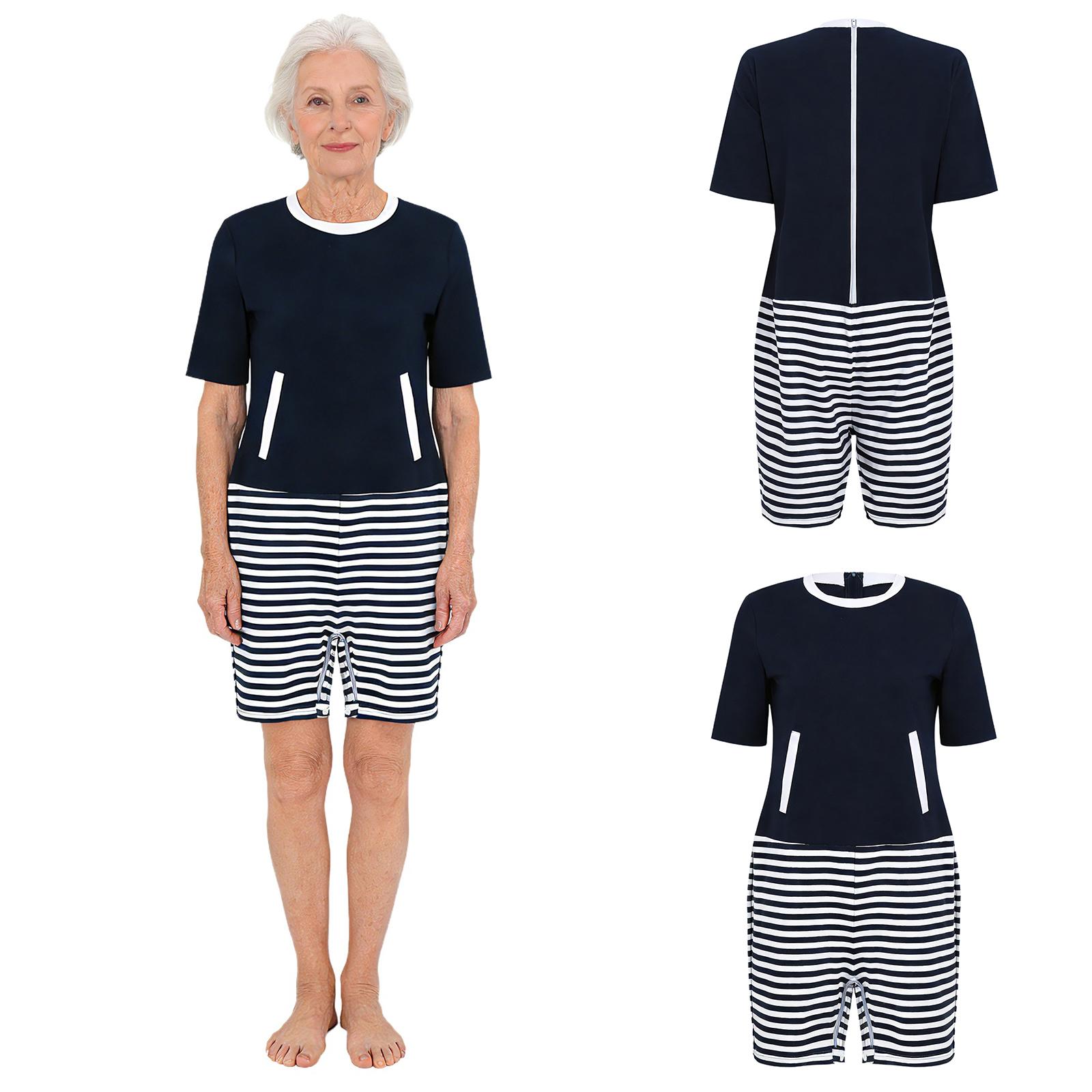 Damen Anti-Strip Adaptiver Strampler S-XXL Reißverschluss hinten mit Schrittöffnung Color-Block Overall für ältere Menschen Alzheimer Demenz Pflege S navy blau