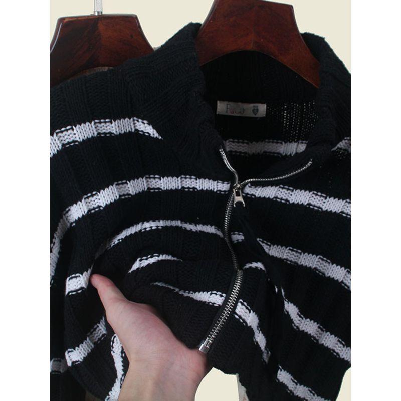 Export Contrast Color Stripes Zipper Short Cardigan Fall and Winter Long Sleeve Color Matching Knitting Sweater Female New Coat