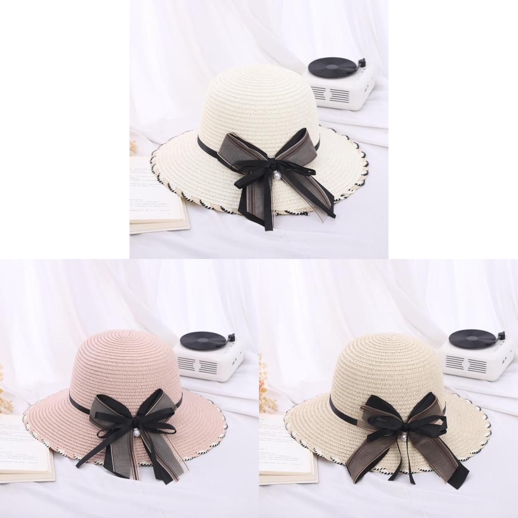 Polyester Sun Hat With Large Brim And Bow For Summer Beach Outings