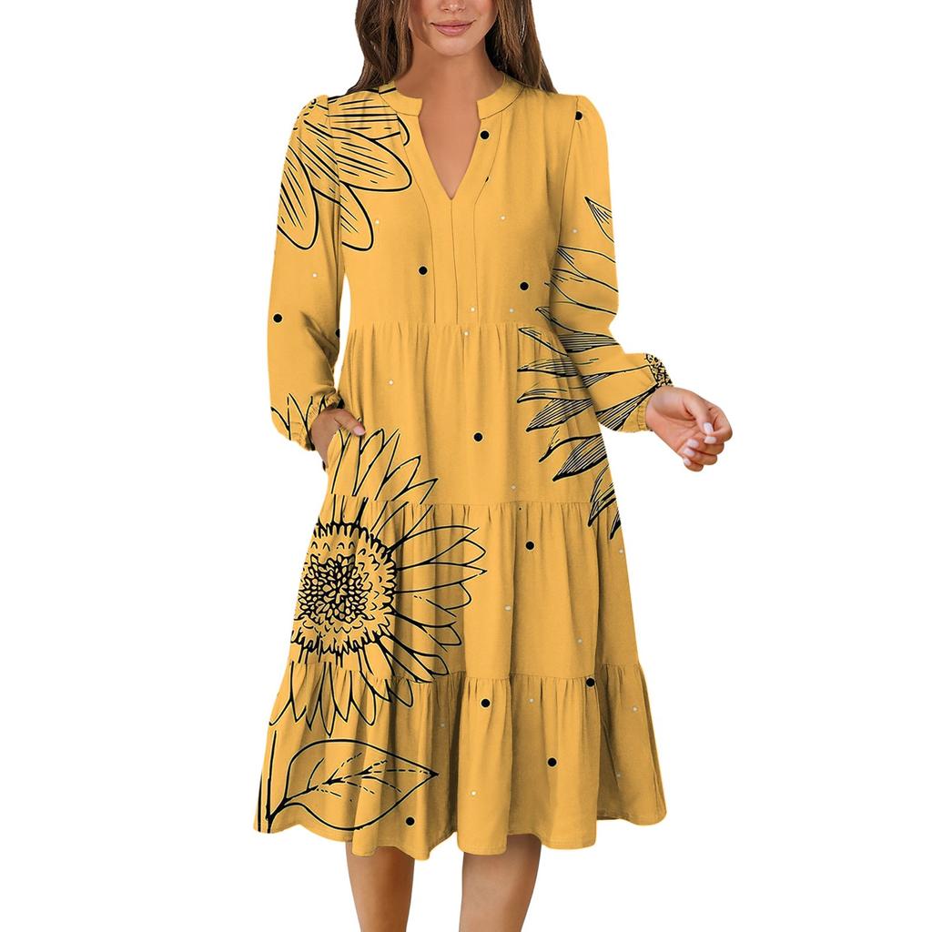 Women's V-Neck Flowing Layered Bohemian Long Sleeve Floral Print Dress