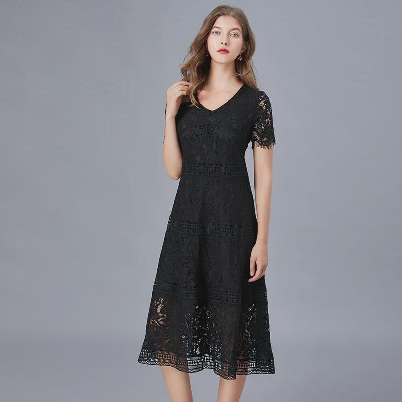V-Neck Eyelash Lace A-Line Dress, European Style, Summer Fashion, Plus Size, Mid-Length Skirt, Fits Up to 200 Pounds