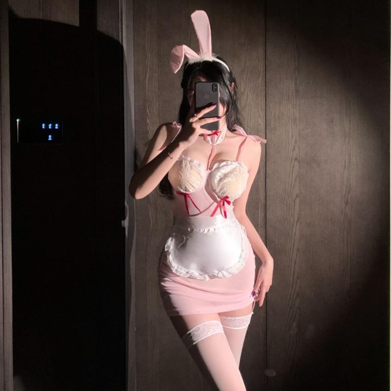Ladies' Sexy Lingerie Sexy New Cute Bow Perspective Mesh Hollow Rabbit Girl Set Christmas Role-playing Uniform Temptation