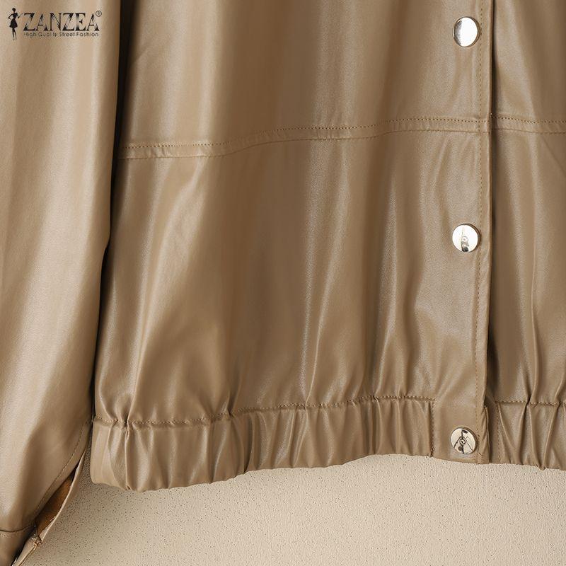 ZANZEA Damska codzienna jesienna kurtka z długim rękawem ze sztucznej skóry PU