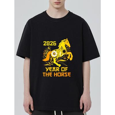 Black T Shirt With 2026 Year Of The Horse Floral Design For Casual Wear