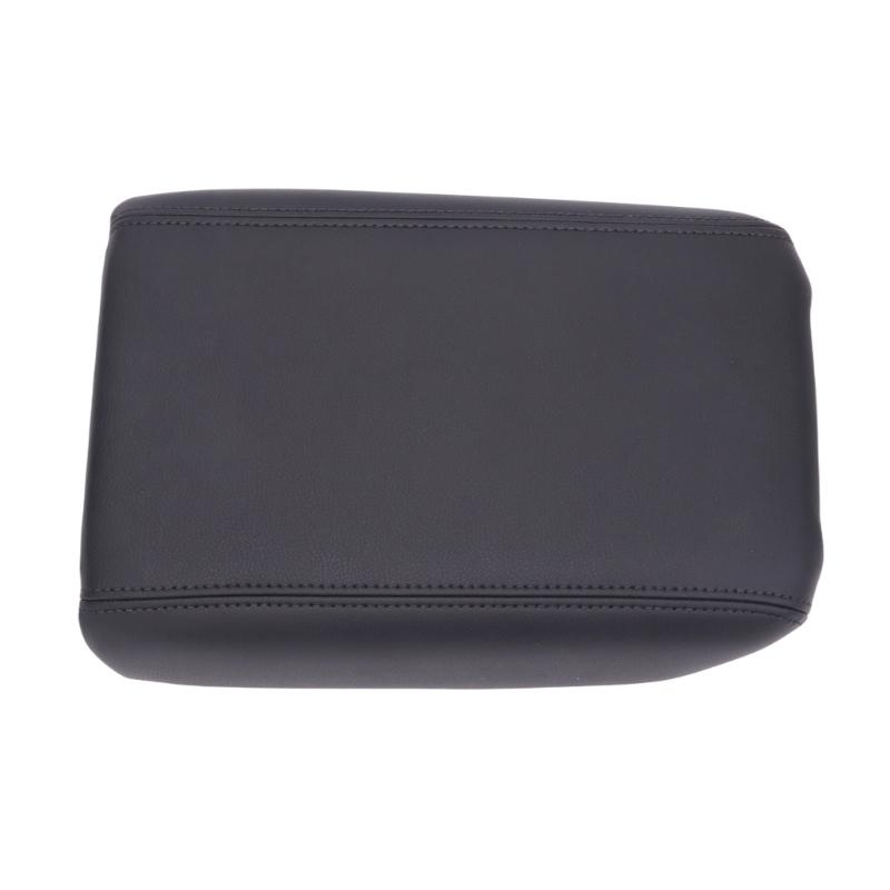 Black PVC Leather Armrest Lid Cover for 2007-2017 Center Consoles, Contoured Vehicle Cover with Rounded Panels and Visible Stitched Seams