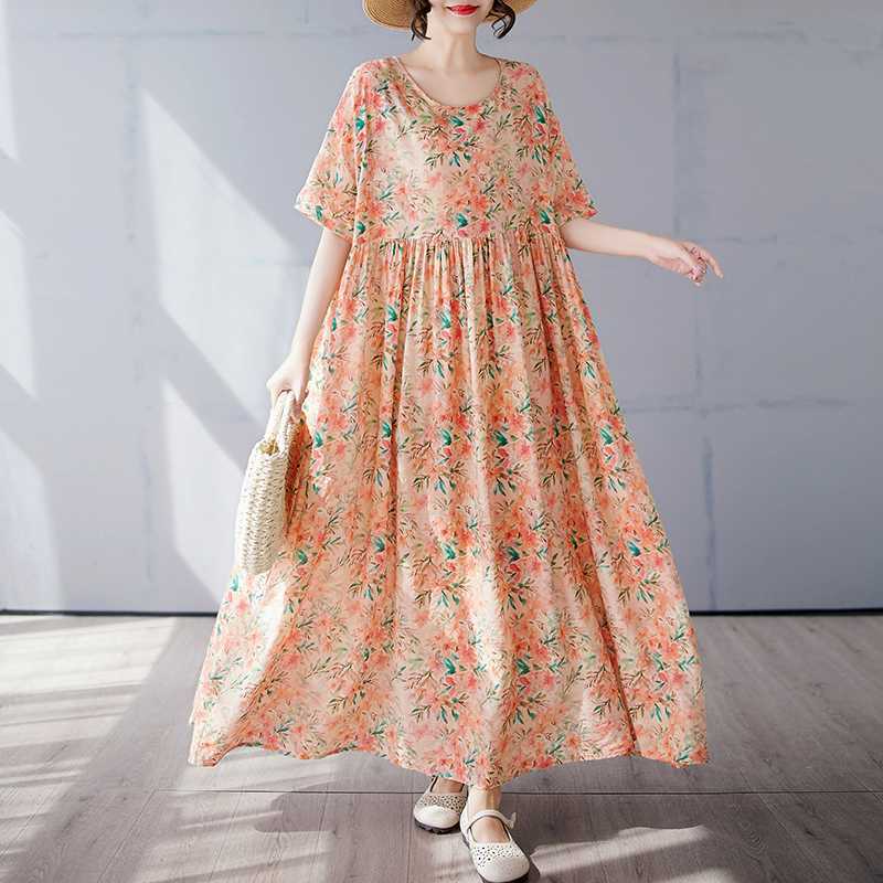 Simple and Fashionable Long Skirt Summer Short Sleeved Round Neck Printed Dress