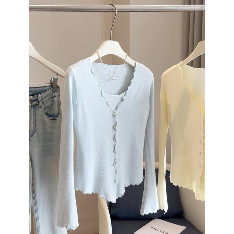 Podzim Zima Falešný Dvoudílný Jednobarevný Svetr Pulovr Dámský Ležérní Módní Univerzální Pletený Top