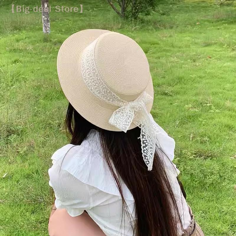 Women's Summer Beach Straw Hat, Lace Bow, Wide Brim Sun Protection, Travel Fashion Vacation Cap
