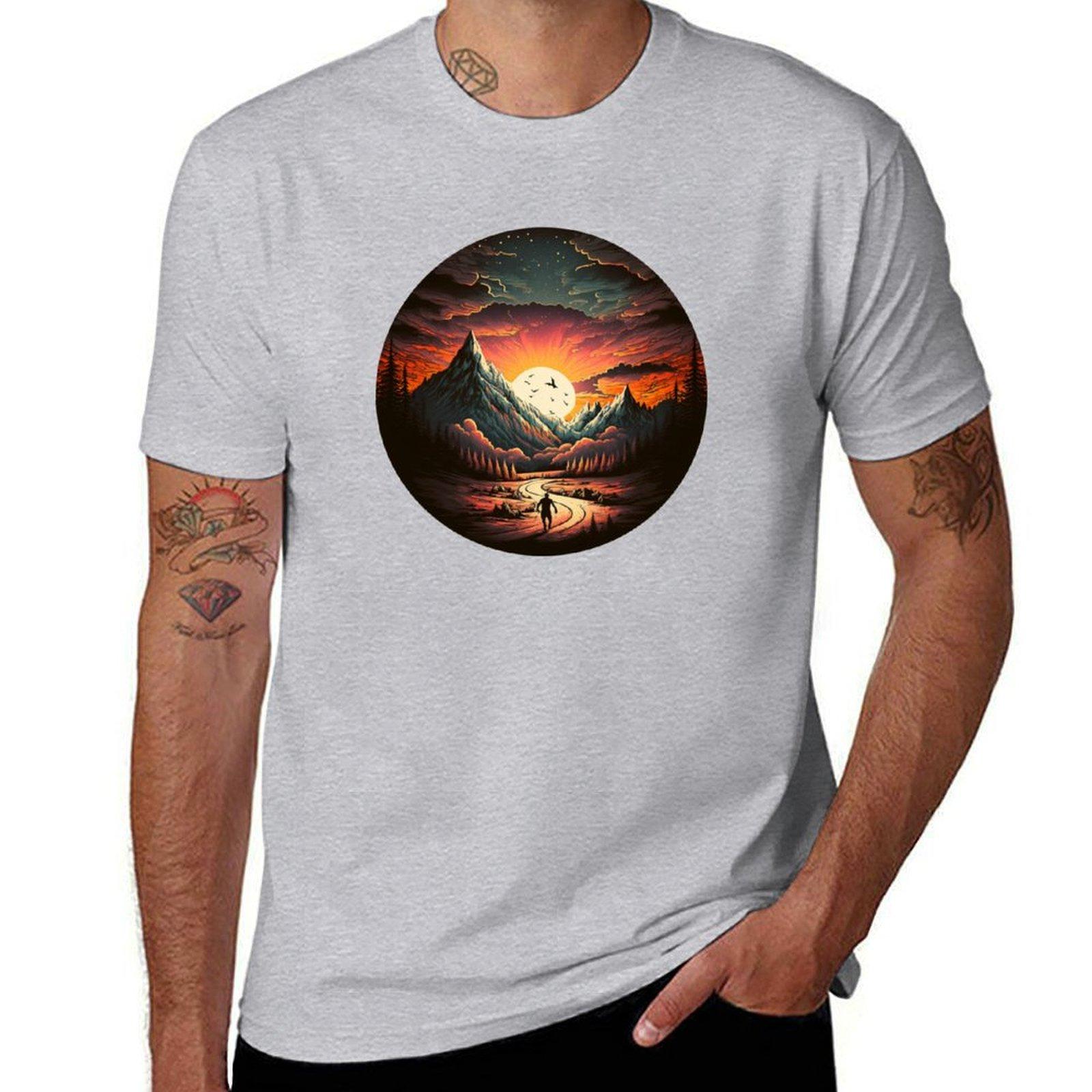 Sun down over mountains Tshirt cute tops boys whites blanks tees mens funny t shirts S