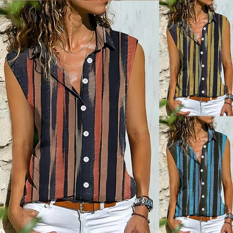 Womens Striped Print Button Down Sleeveless Casual Cardigan Shirt
