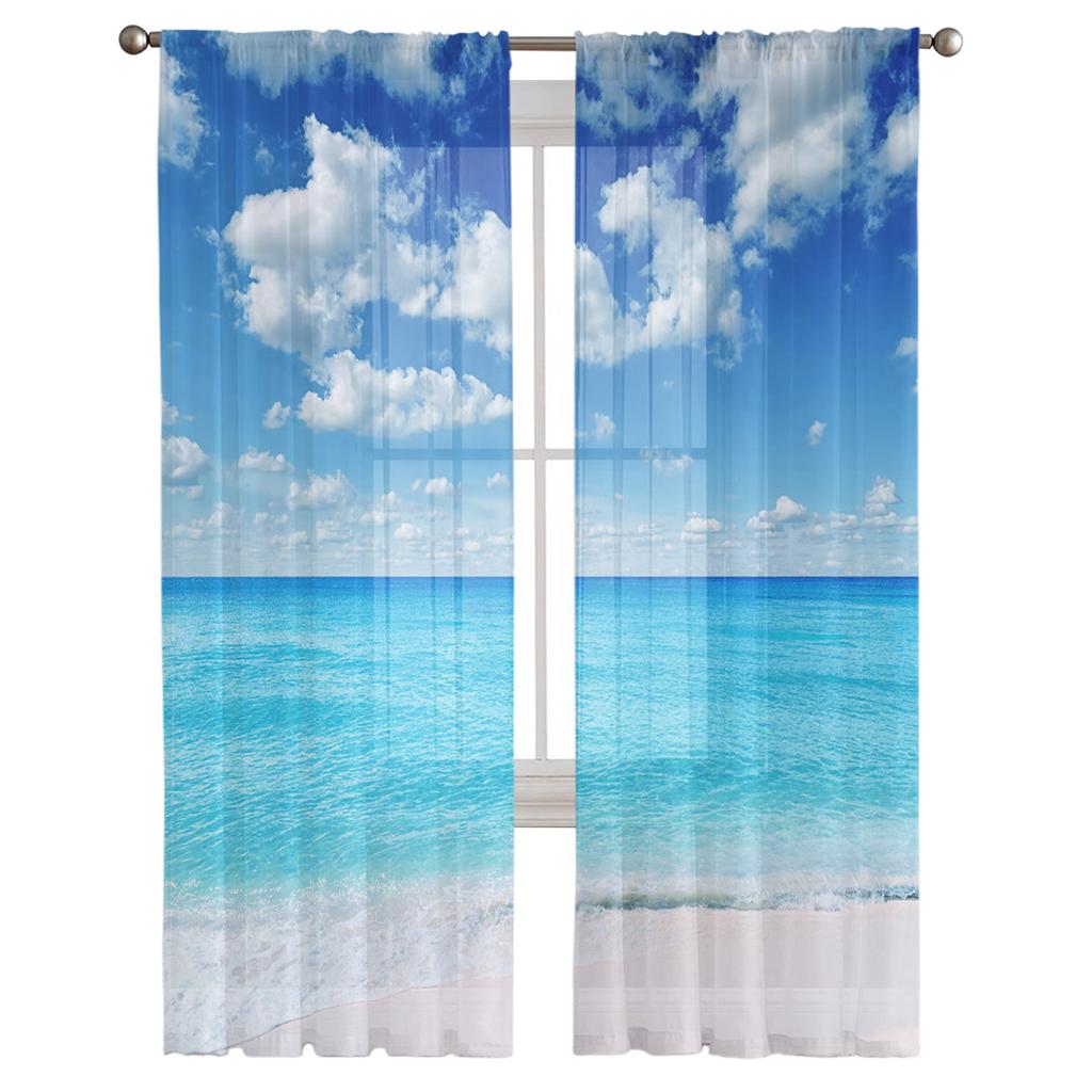 Beach Sea Blue Sky Nature Scenery Chiffon Sheer Curtains for Living Room Bedroom Decoration Window Voiles Tulle Drapes Curtain