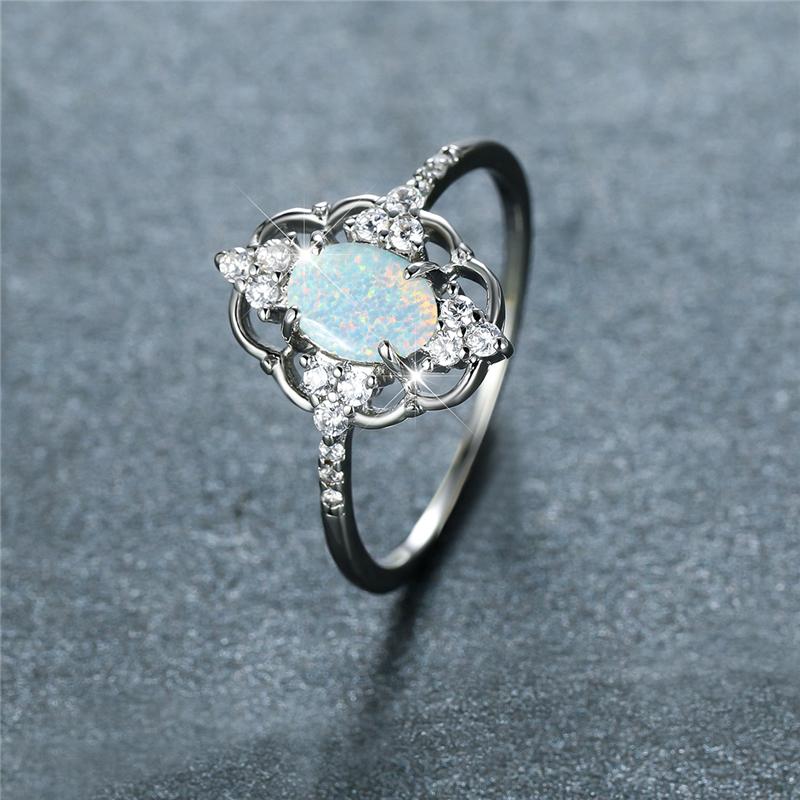 Vintage Hollow Flower Engagement Ring White Blue Oval Stone Delicate Silver Color Rings for Women Bridal Jewelry