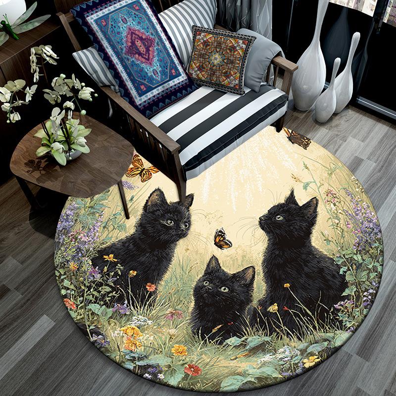 Black Cat Round Area Rug,Carpet Rug for Living Room Bedroom Sofa Playroom Decor,Non-slip Floor Mat