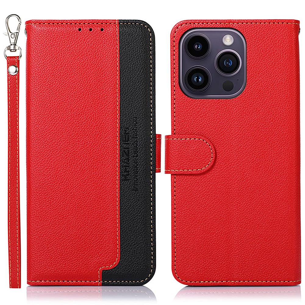 

KHAZNEH For iPhone 15 Pro Anti-Scratch RFID Blocking Leather Case Stand Wallet Litchi Texture Phone Cover Red