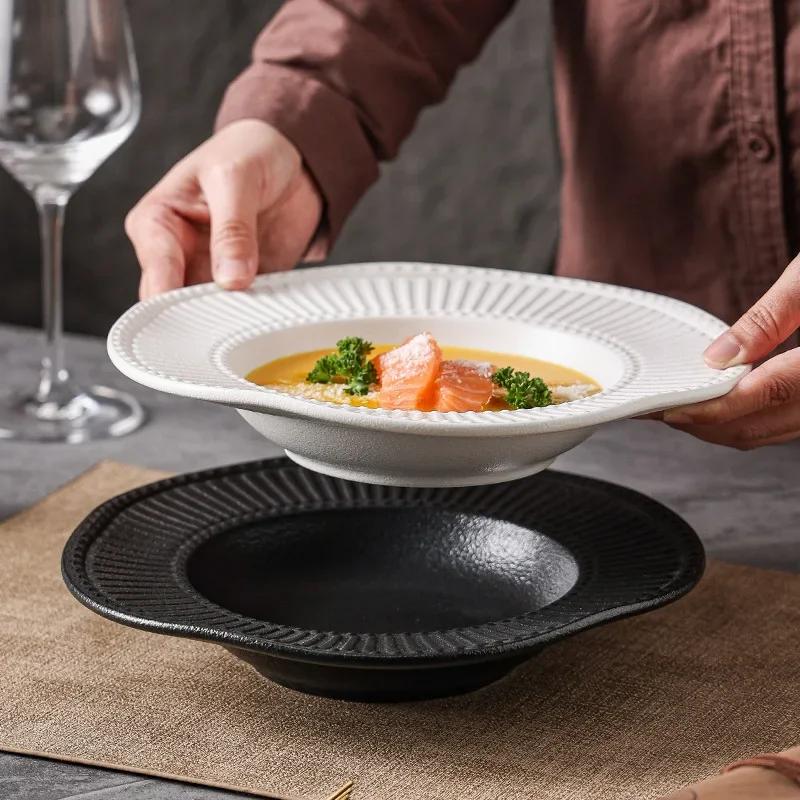 ceramic pasta plate Dining plate Salad Striped straw hat plate Household Western restaurant Hotel Tang