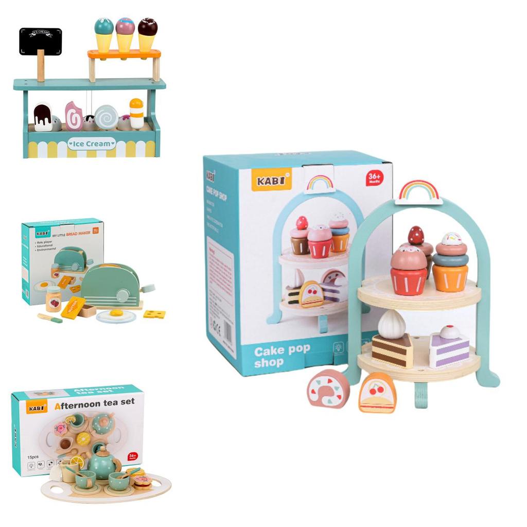 Children's Wooden Ice Cream Shop Pretend Play Dessert Set With Realistic Tea Accessories